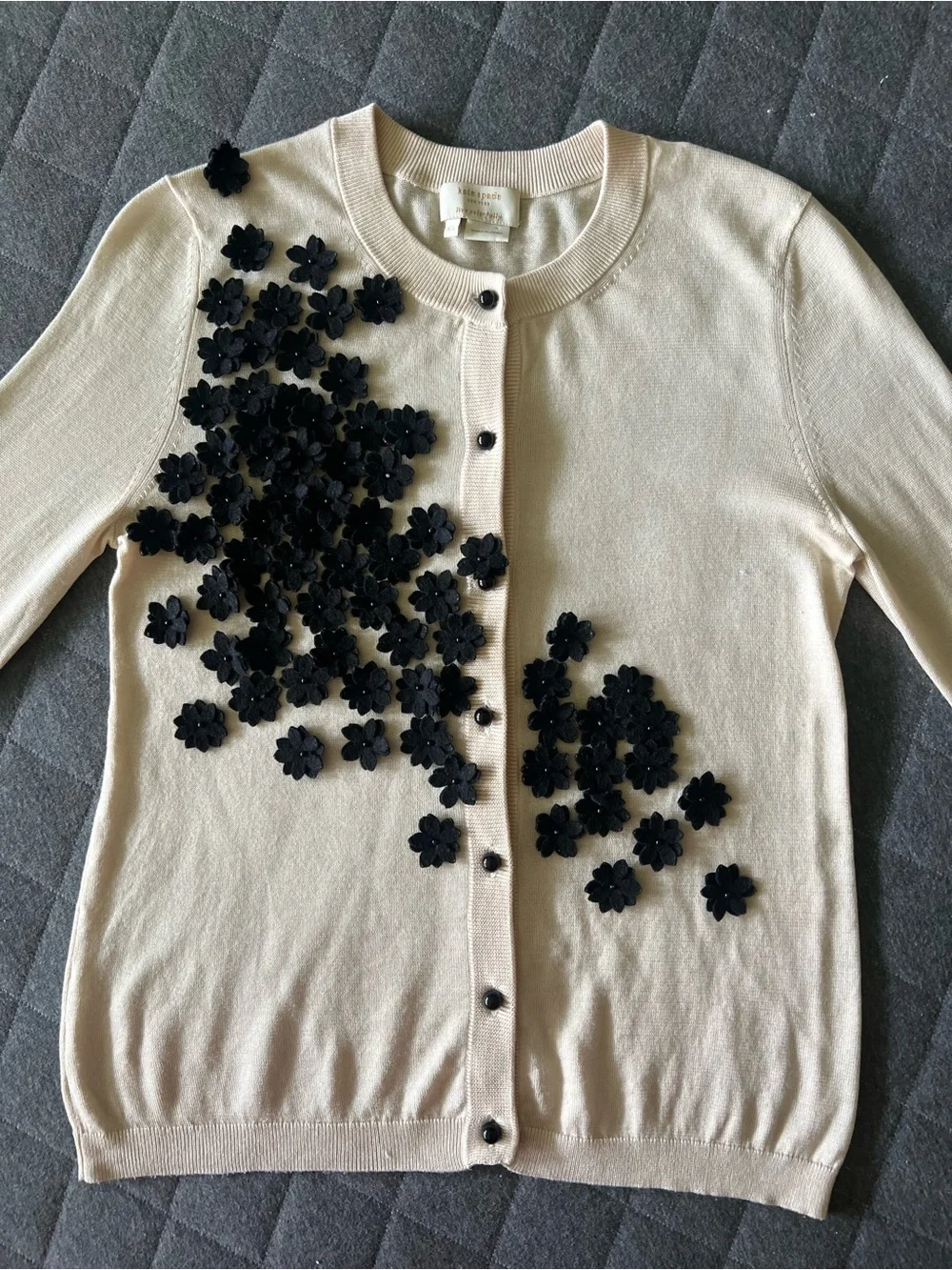 KATE SPADE XS Silk Cotton Cashmere Blend Cream Black Flowers Cardigan